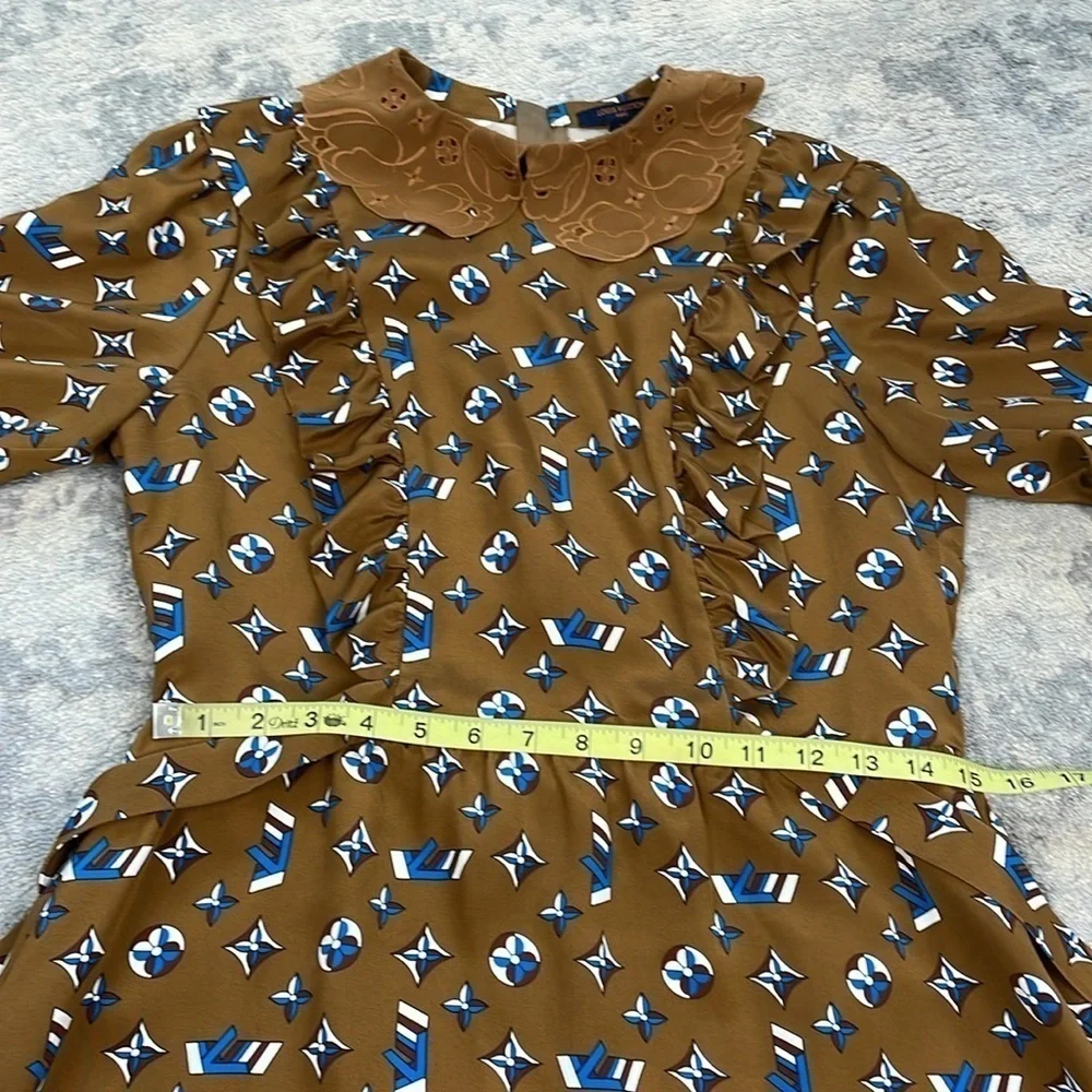 Louis Vuitton Retro Multicolor Monogram LV Collared Ruffle Mini Dress Silk 38
